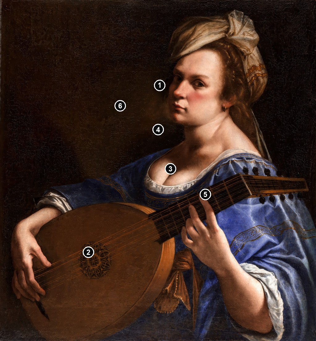 Annotated details from Self-Portrait as a Lute Player by Artemisia Gentileschi